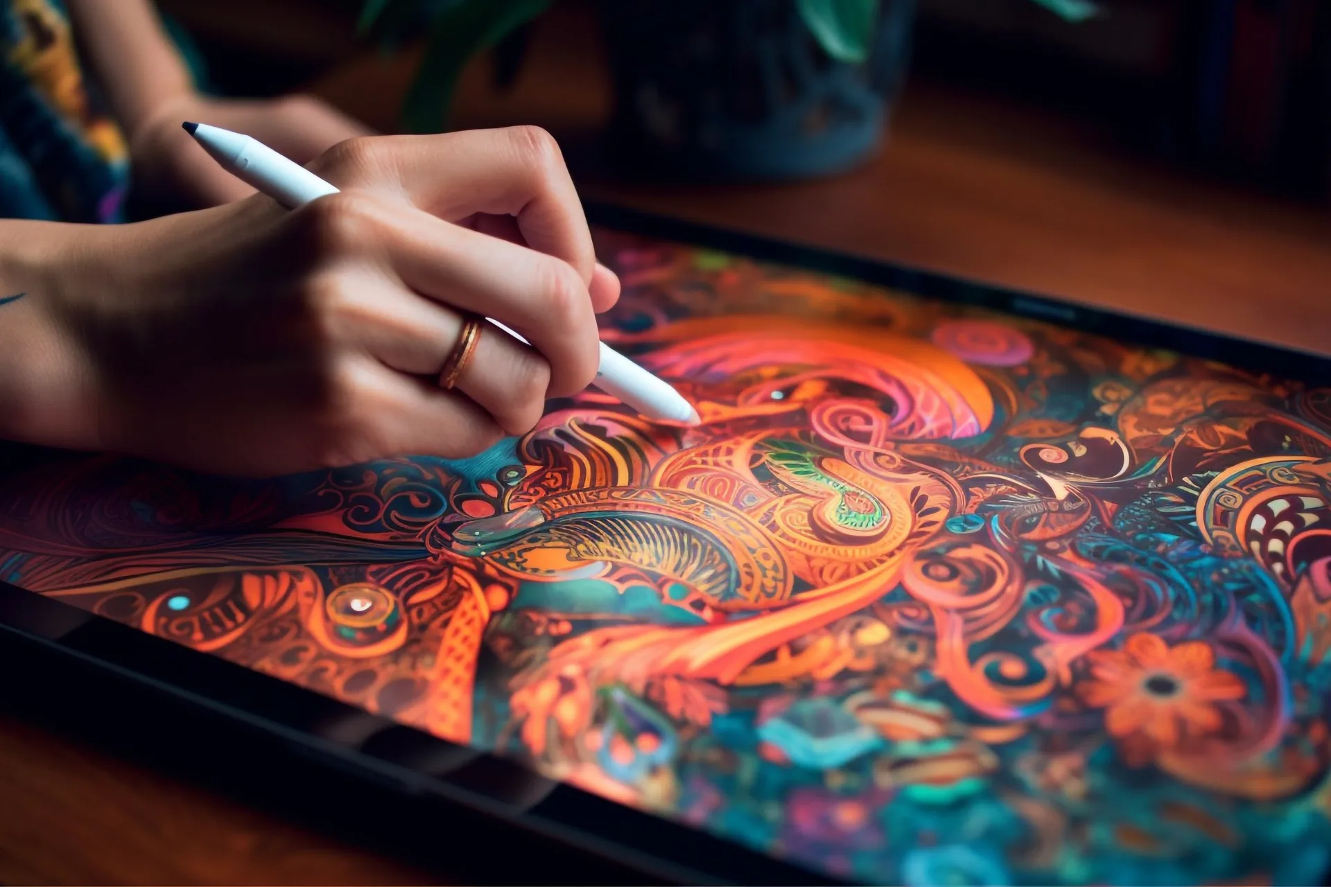 Illustratrice che disegna con una penna digitale su tablet un'opera floreale colorata: progetto Alessia Lombardi di FV Digital Agency