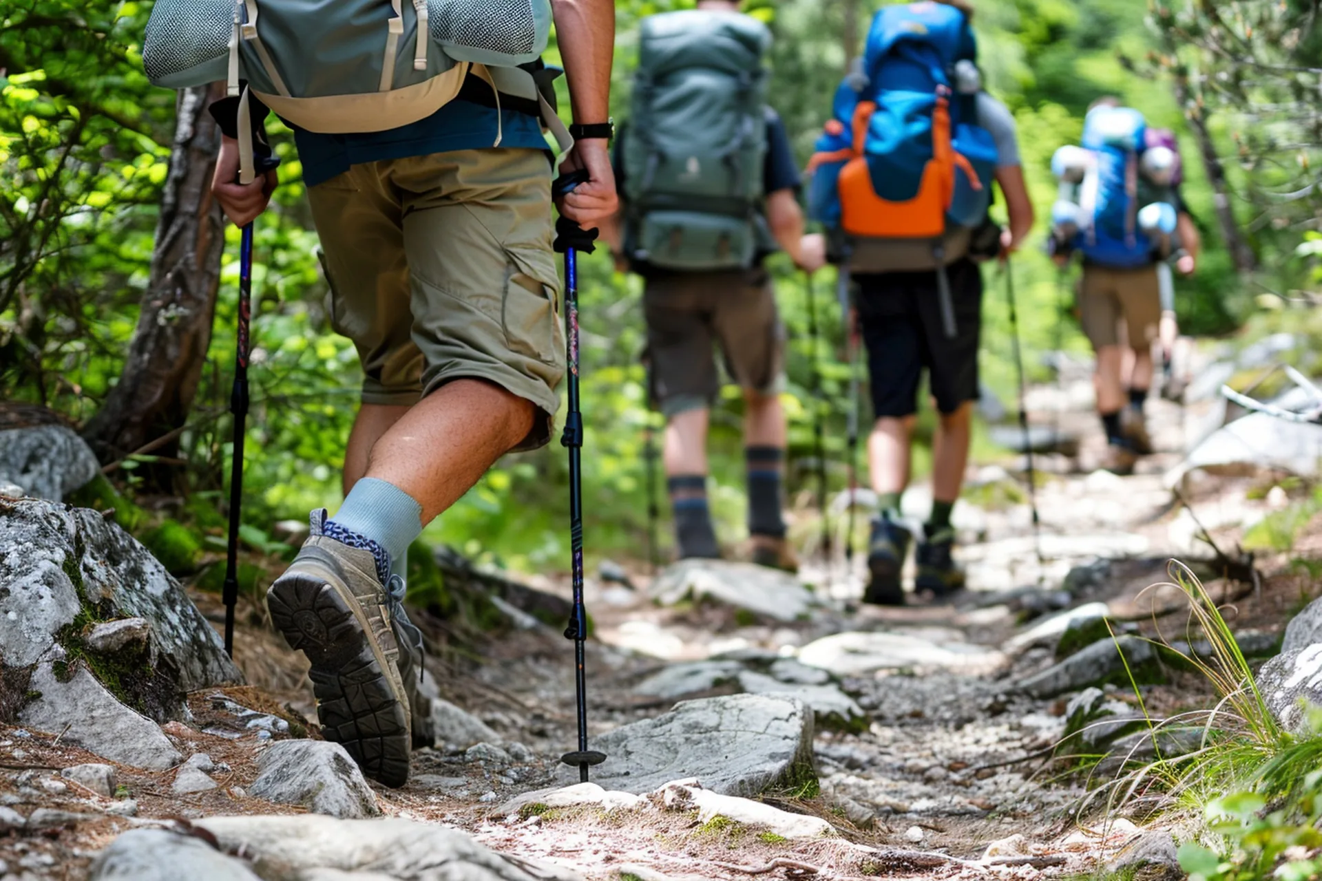 Escursionisti con zaino e bastoncini su un sentiero di montagna: progetto Arbiter dal 1938 di FV Digital Agency