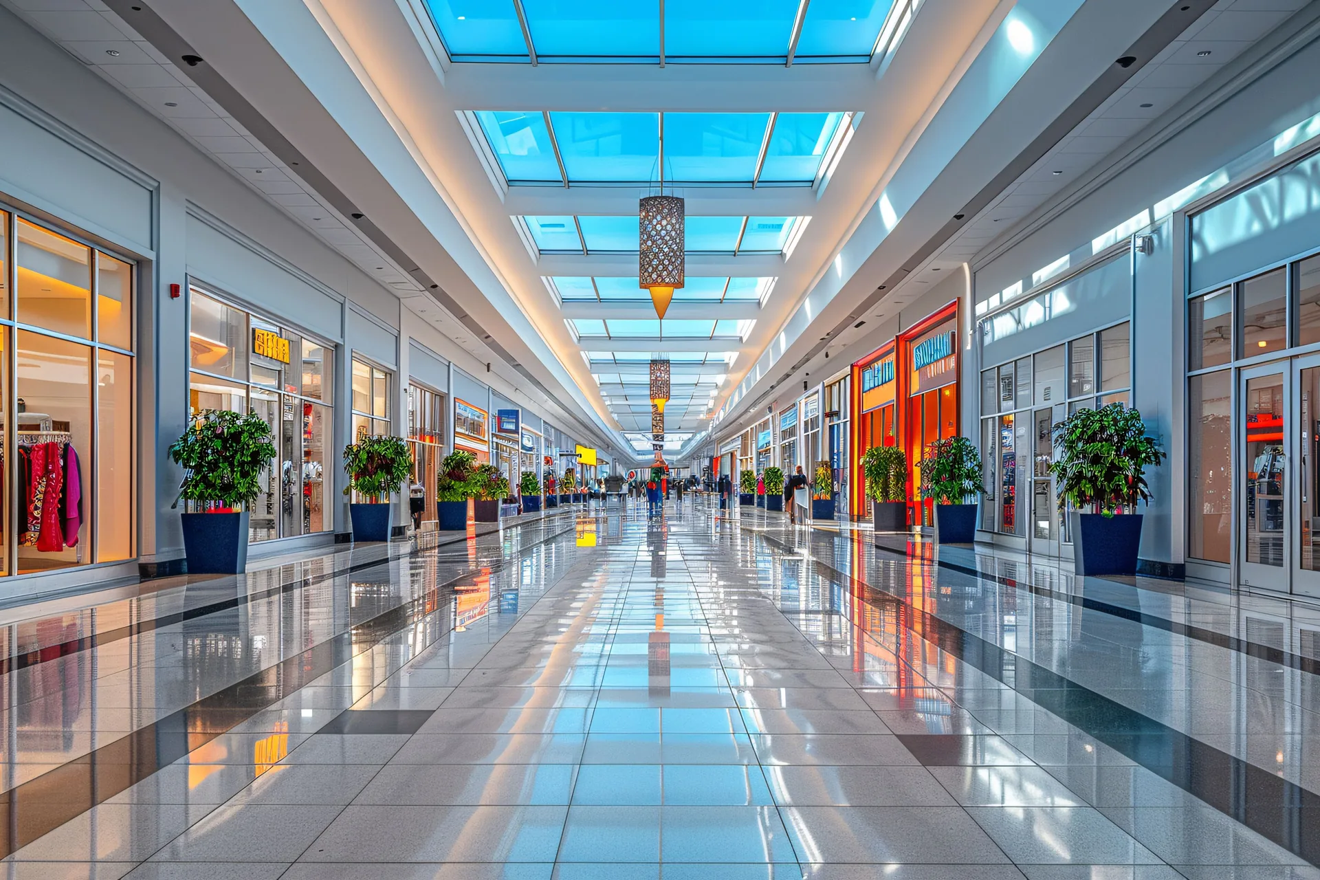 Galleria interna di un parco commerciale con negozi e lucernari: progetto Fabulae Parco Commerciale di FV Digital Agency