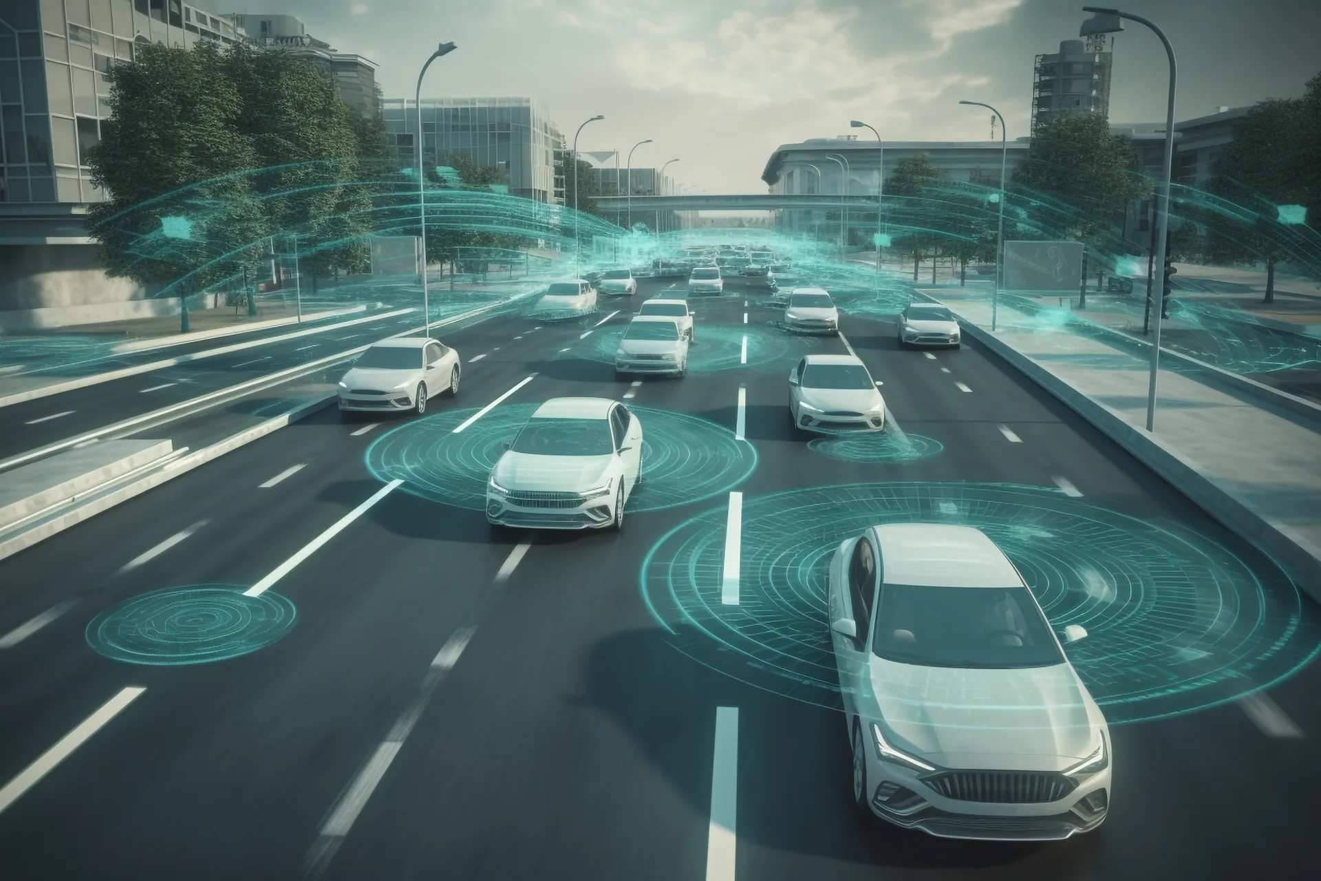 Auto in movimento su una strada urbana con grafica digitale di guida connessa: progetto Innoviability di FV Digital Agency