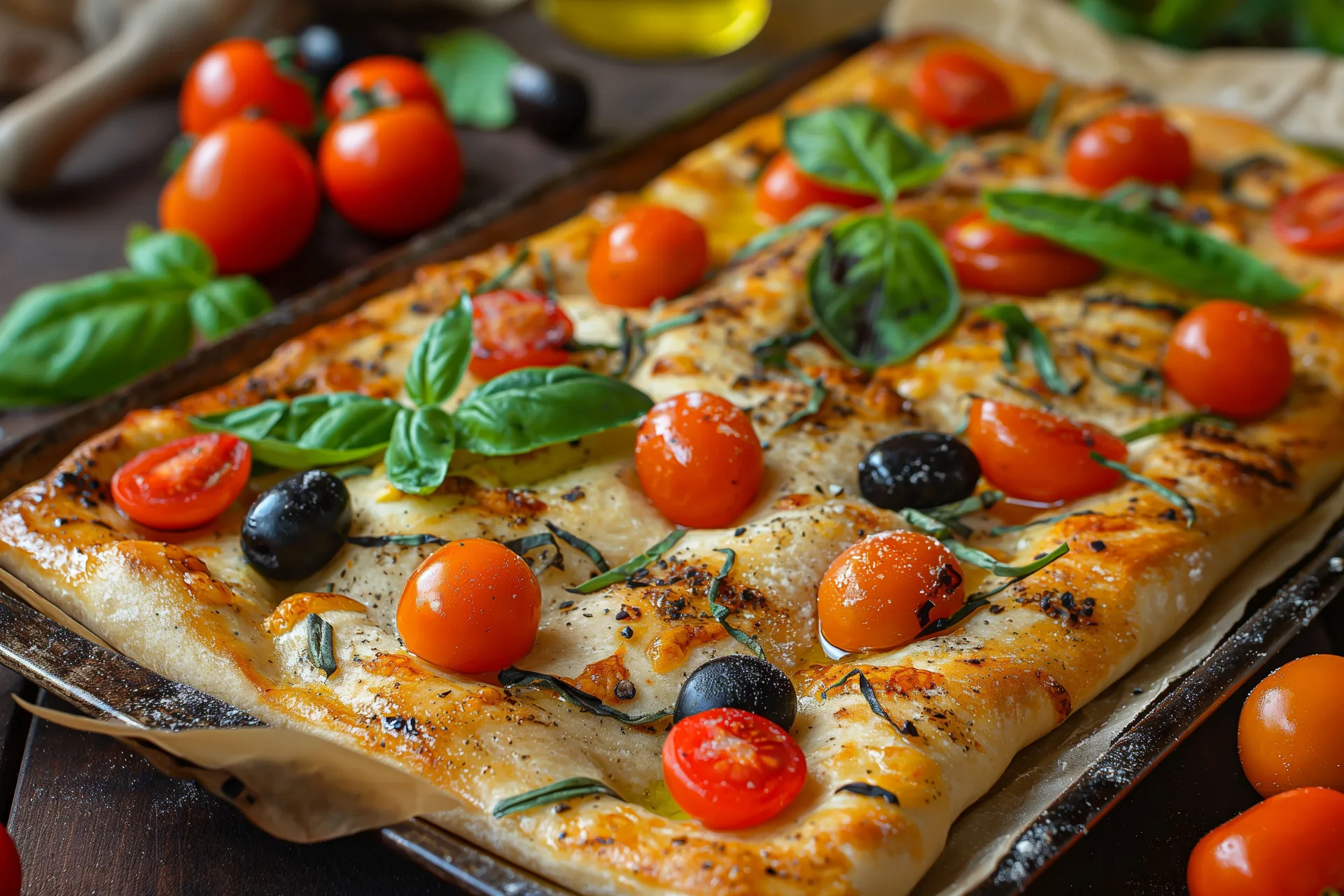 Focaccia rettangolare con pomodorini, olive nere e basilico: progetto La Focacciera di FV Digital Agency