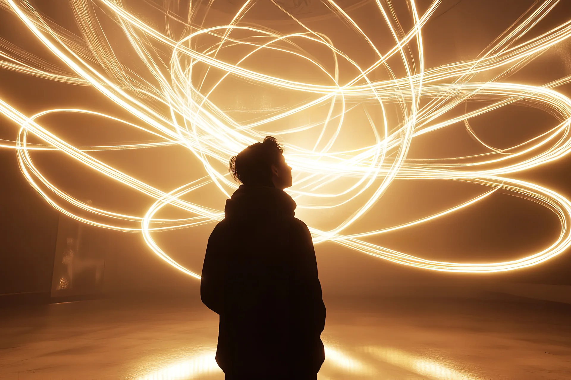 Persona di spalle davanti a un'installazione di luci in movimento: progetto Madonna Lighting Design di FV Digital Agency