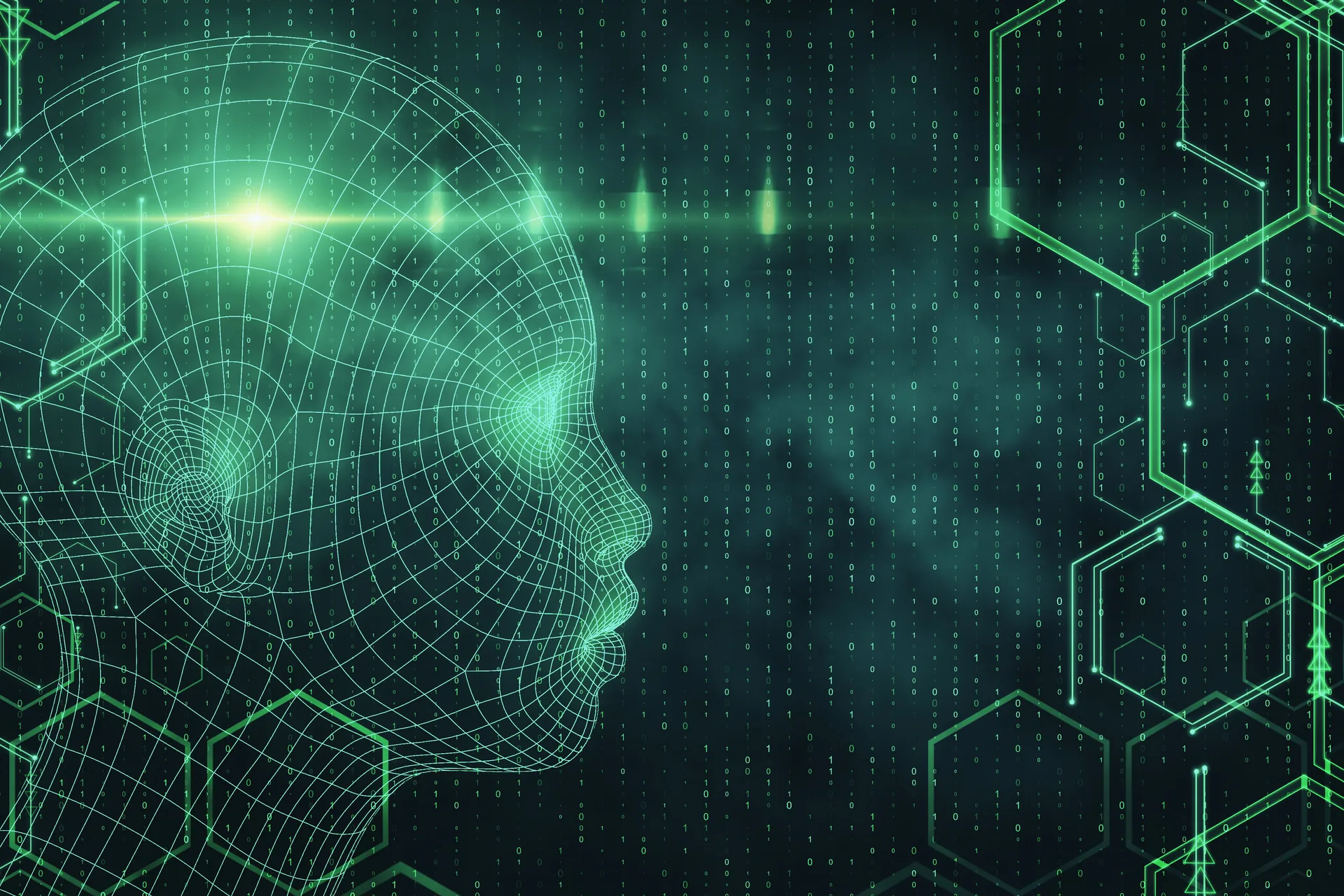 Testa digitale in una rete di punti ed esagoni che rappresenta l'intelligenza artificiale: progetto PreDICO di FV Digital Agency