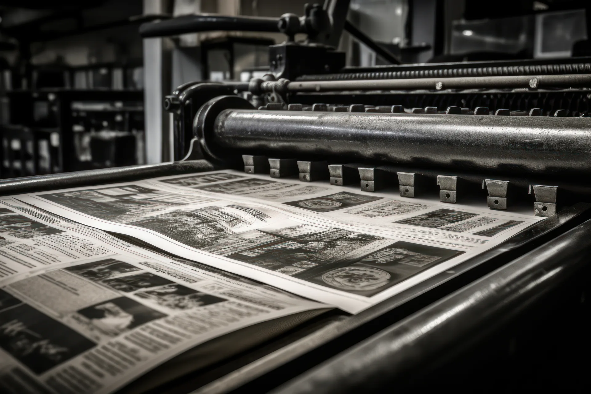 PrimaPress: case study · Consulenza Marketing, Siti Web Corporate | FV Digital Agency Rotativa di stampa con pagine di giornale: progetto PrimaPress di FV Digital Agency