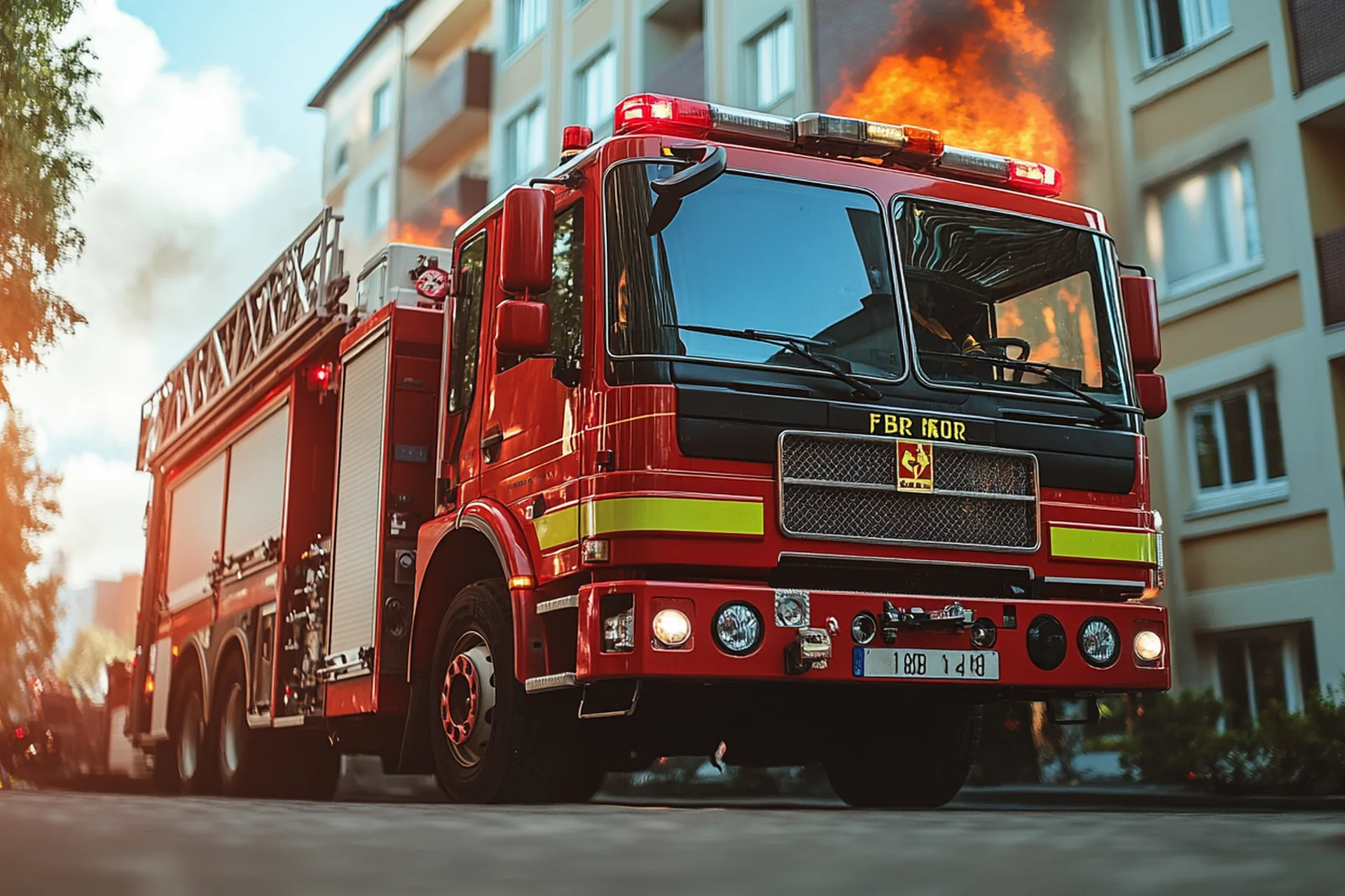 Autopompa dei vigili del fuoco davanti a un edificio con un incendio: progetto Red Rescue di FV Digital Agency