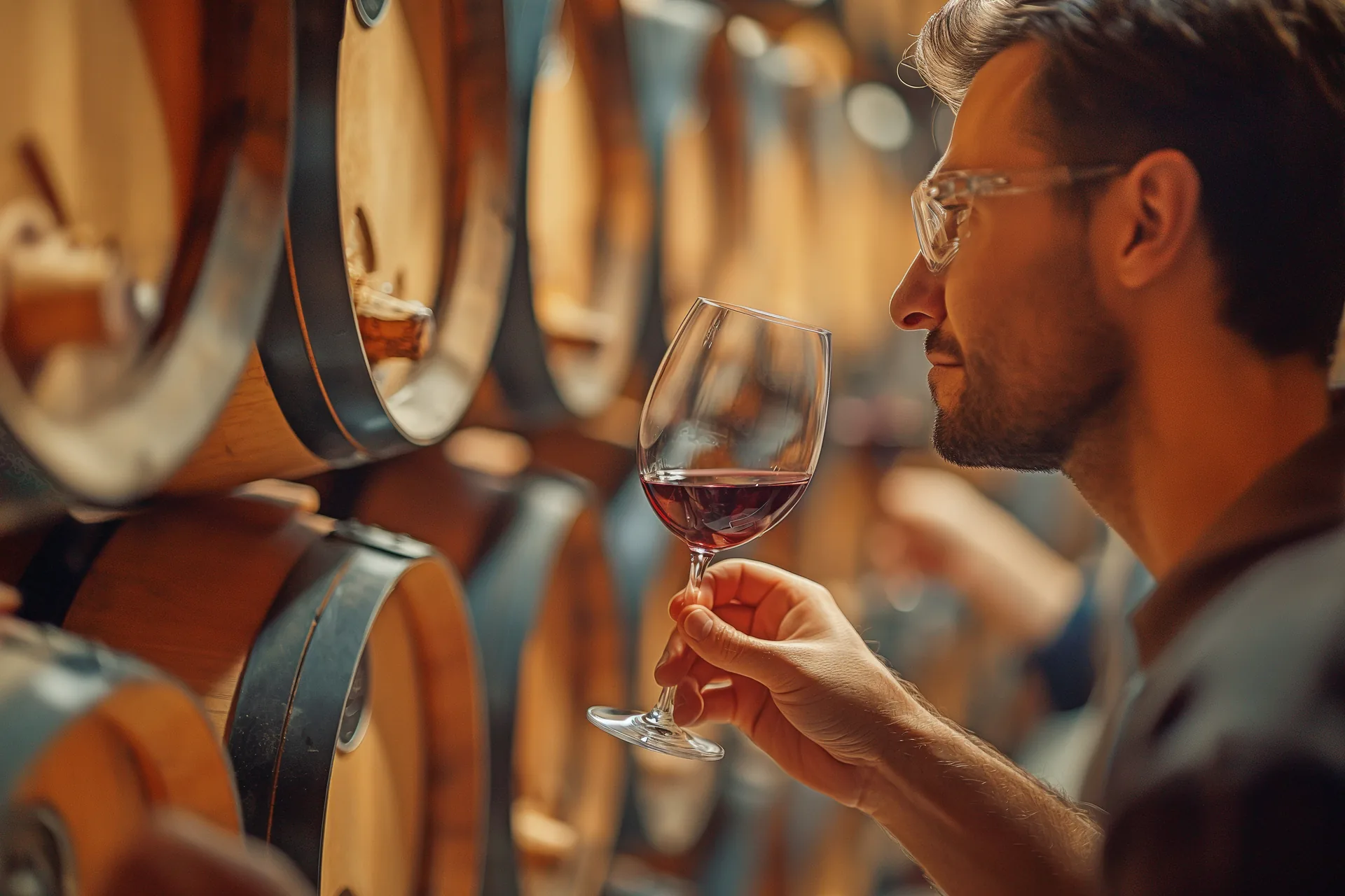 Sommelier che assaggia vino rosso tra le botti di una cantina: progetto SudFood di FV Digital Agency