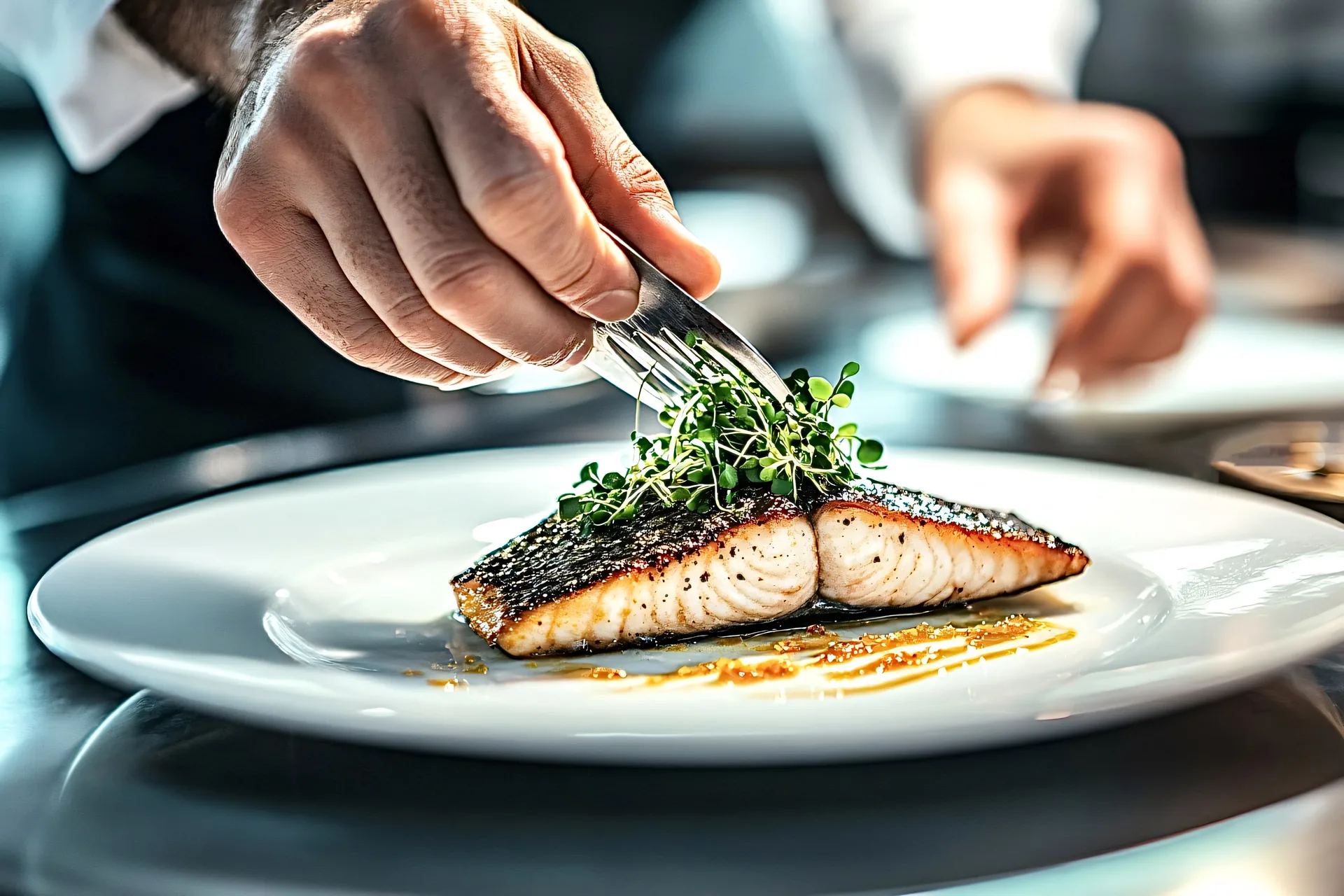 Filetto di salmone guarnito con germogli, impiattamento in cucina: progetto Taverna ’e mare di FV Digital Agency