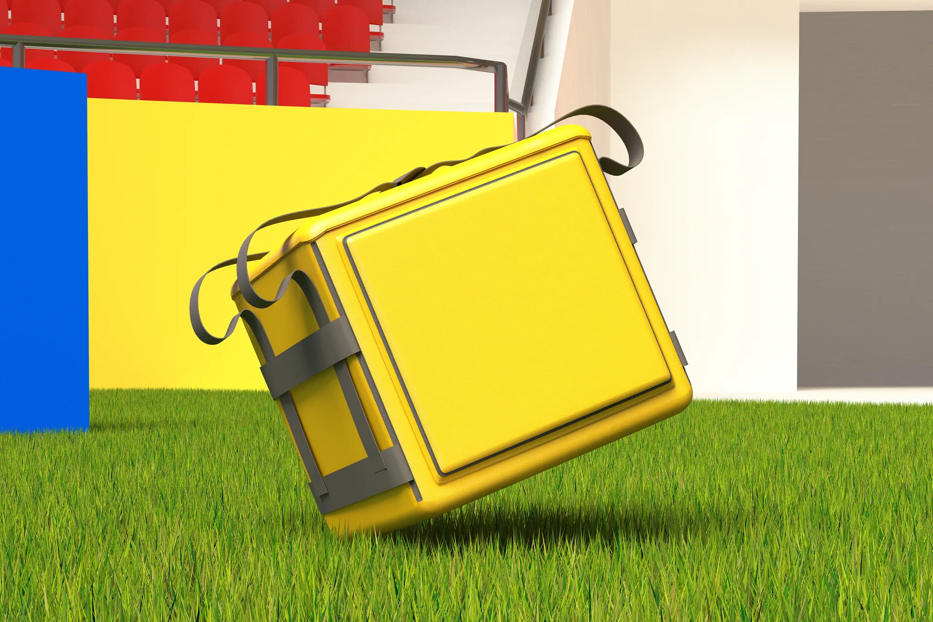 Borsa termica gialla per consegne su un campo da calcio: progetto TMASS4.0 di FV Digital Agency