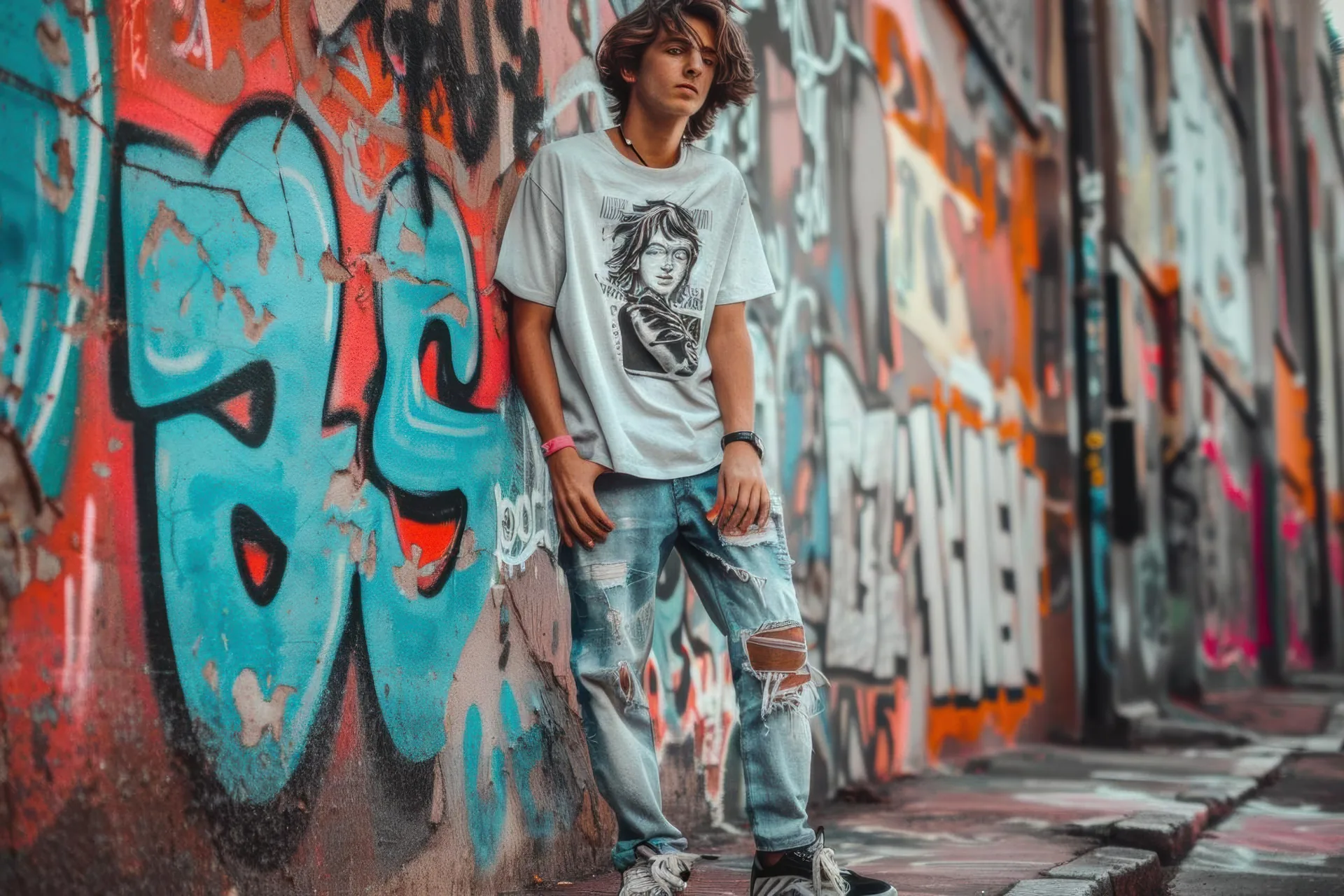 Ragazzo con jeans strappati davanti a un muro di graffiti: progetto YUS di FV Digital Agency