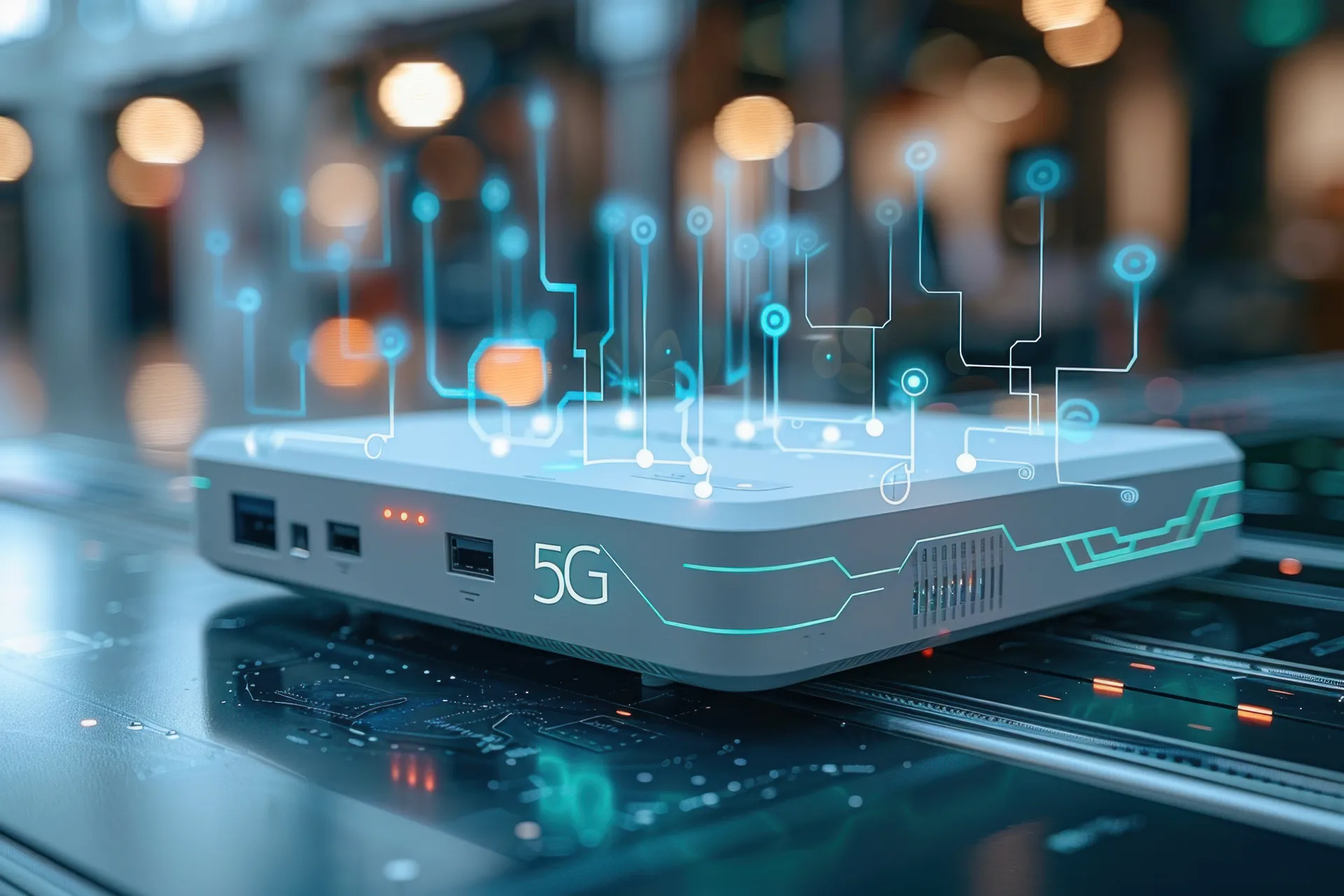 ZTE Corporation: case study · Graphic Design | FV Digital Agency Router 5G con circuiti luminosi su un tavolo: progetto ZTE Corporation di FV Digital Agency